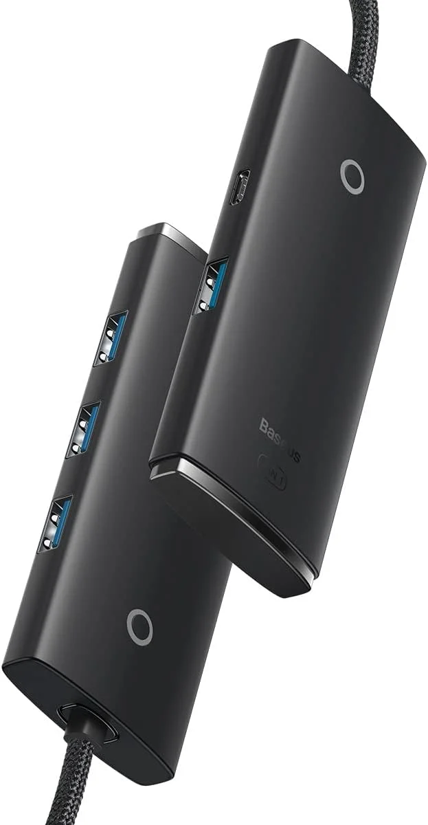 هاب USB بیسوس USB 3.0، اسپلیتر USB 4 پورت آداپتور هاب برق توسعه USB هاب داده پرسرعت 5 گیگابیت بر ثانیه با شارژ USB C سازگار برای MacBook، iMac، Surface Pro، XPS، PC، فلش درایو USB (مشکی)