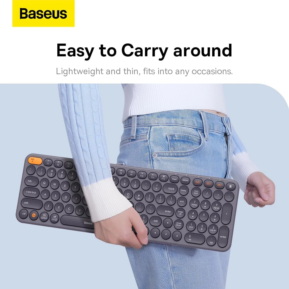 کیبورد بی‌سیم Baseus برای کامپیوترهای رومیزی، کیبورد بی‌سیم سه حالته چند دستگاهی K01B، کیبورد فوق‌العاده باریک برای کامپیوتر، رومیزی، رایانه شخصی، لپ‌تاپ و ویندوز