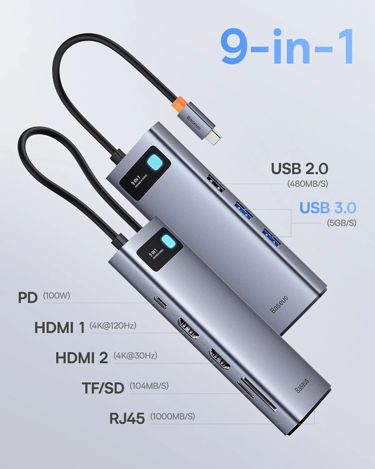 داک استیشن 9 در 1 بیسوس USB C با خروجی 4K @ 120Hz، هاب USB C با 2 خروجی HDMI برای دو مانیتور، اترنت 1000 مگابیت بر ثانیه، PD 100W، کارت خوان TF/SD، USB 3.0، آداپتور چند پورت برای MacBook/Dell/HP/Surface/Lenovo و سایر کامپیوترها