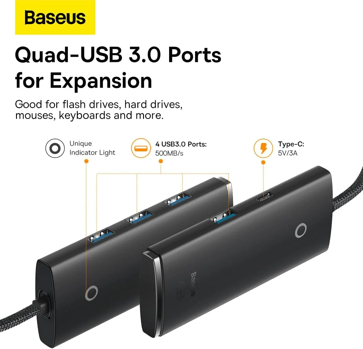 هاب USB بیسوس USB 3.0، اسپلیتر USB 4 پورت آداپتور هاب برق توسعه USB هاب داده پرسرعت 5 گیگابیت بر ثانیه با شارژ USB C سازگار برای MacBook، iMac، Surface Pro، XPS، PC، فلش درایو USB (مشکی)