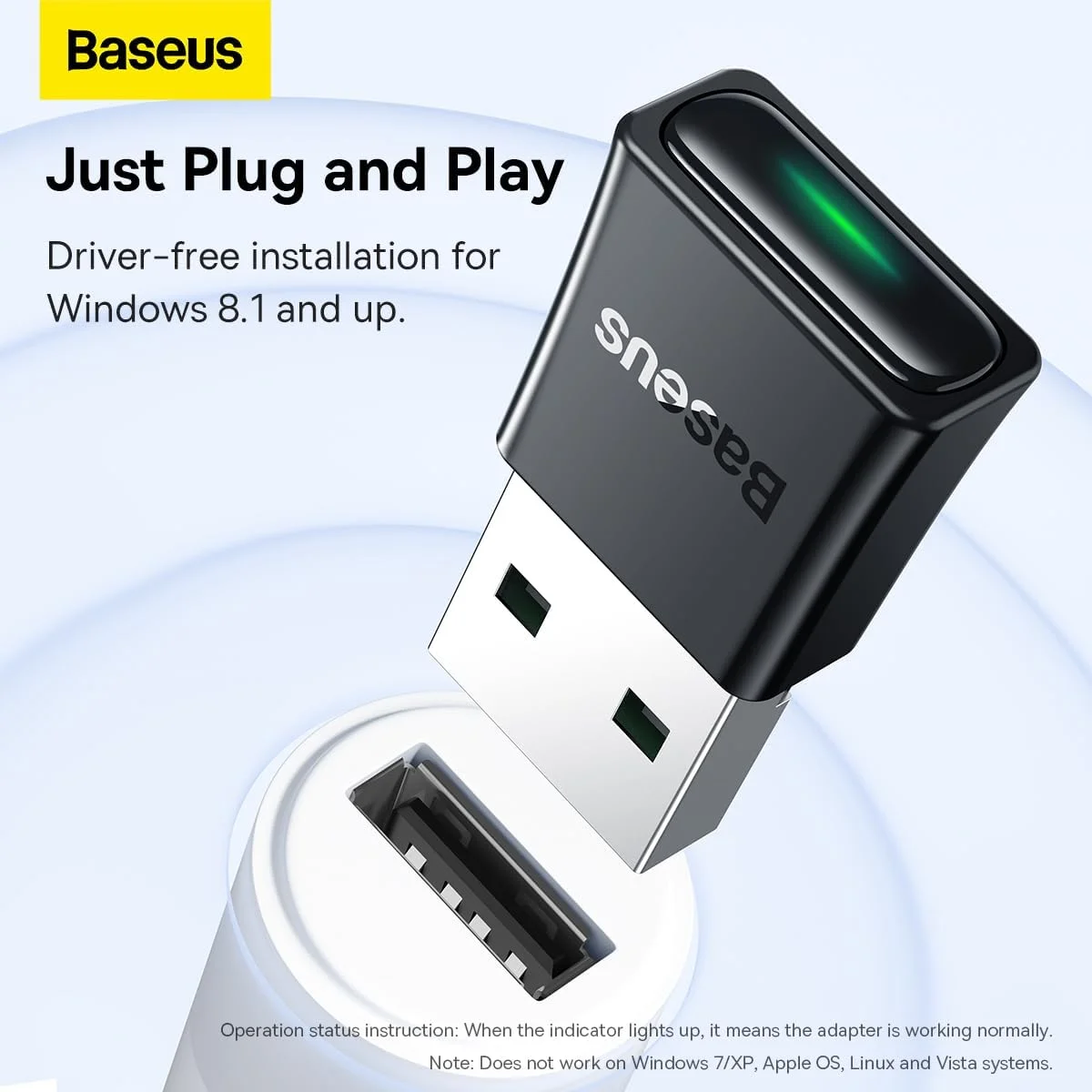 آداپتور بلوتوث 5.3 Baseus 【Plug & Play】 آداپتور بلوتوث USB برای کامپیوتر، دانگل بلوتوث، آداپتور گیرنده بلوتوث USB با برد گسترده 20 متری برای ماوس، کیبورد، هدفون، بلندگو سازگار با Win 11/10/8.1