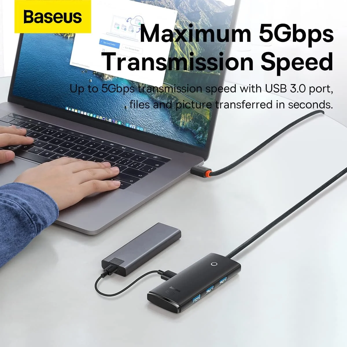 هاب USB بیسوس USB 3.0، اسپلیتر USB 4 پورت آداپتور هاب برق توسعه USB هاب داده پرسرعت 5 گیگابیت بر ثانیه با شارژ USB C سازگار برای MacBook، iMac، Surface Pro، XPS، PC، فلش درایو USB (مشکی)