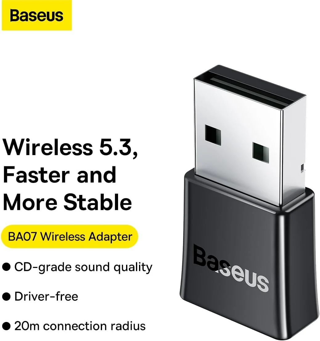 آداپتور بلوتوث 5.3 Baseus 【Plug & Play】 آداپتور بلوتوث USB برای کامپیوتر، دانگل بلوتوث، آداپتور گیرنده بلوتوث USB با برد گسترده 20 متری برای ماوس، کیبورد، هدفون، بلندگو سازگار با Win 11/10/8.1