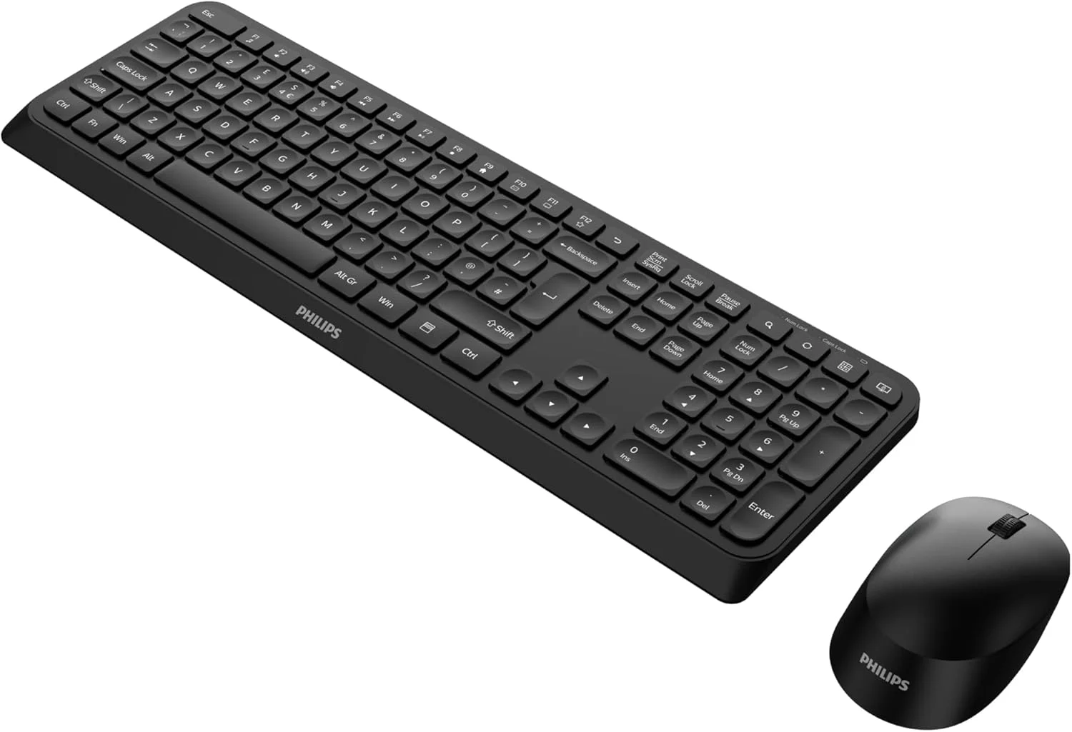 مجموعه کیبورد و ماوس بی سیم USB فیلیپس مدل SPT6307B، طراحی کم حاشیه، صدای کلیک کاهش یافته، ردیابی اپتیکال، کلیدهای میانبر چند رسانه ای، اتصال آسان به کامپیوتر/لپ تاپ