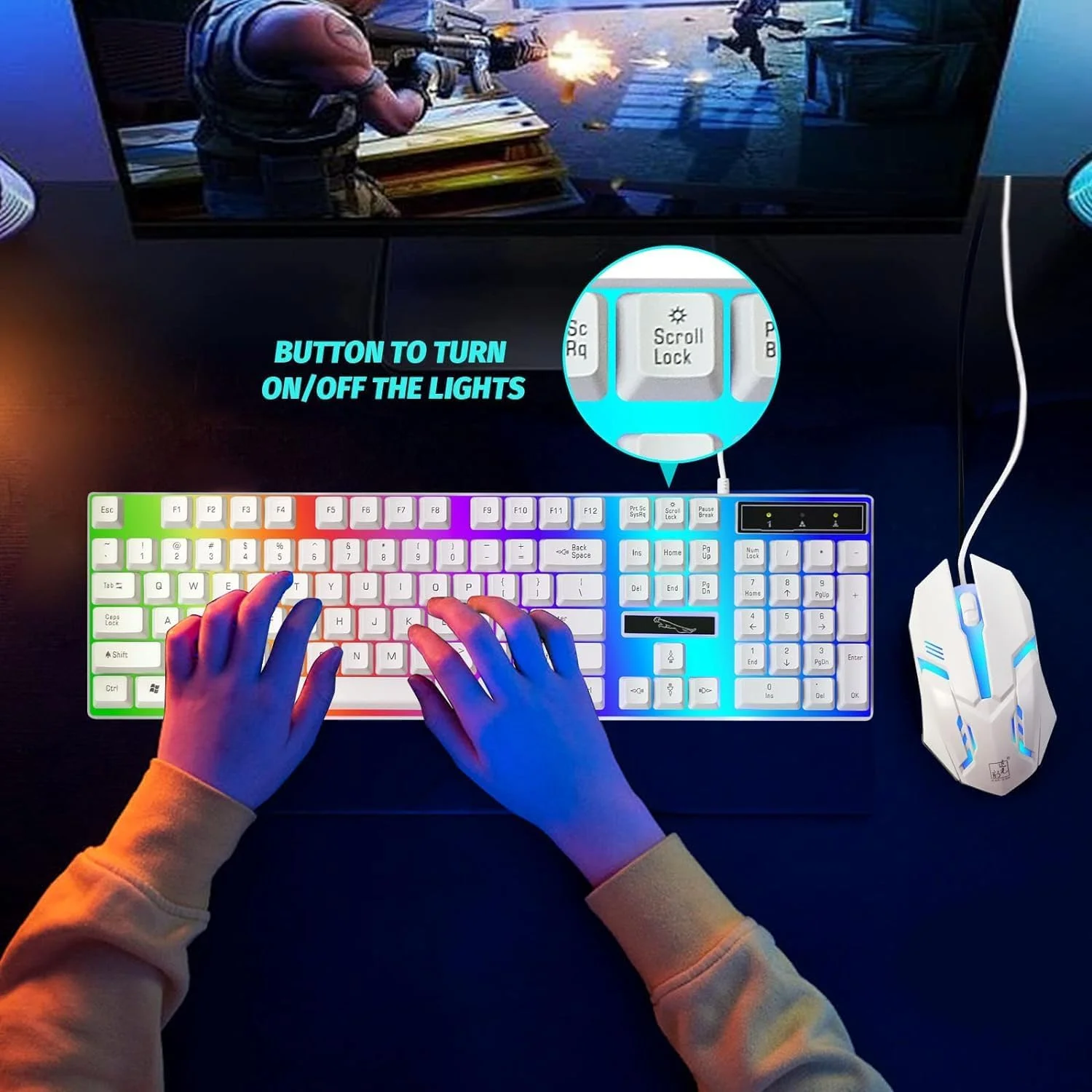 ست کیبورد و ماوس گیمینگ کامپیوتر SKY-TOUCH G21: کیبورد با نورهای LED چند رنگ انعطاف پذیر، حس مکانیکی، سیم دار USB، ست کیبورد و ماوس مناسب برای کامپیوتر ویندوزی (سفید)
