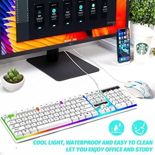 ست کیبورد و ماوس گیمینگ کامپیوتر SKY-TOUCH G21: کیبورد با نورهای LED چند رنگ انعطاف پذیر، حس مکانیکی، سیم دار USB، ست کیبورد و ماوس مناسب برای کامپیوتر ویندوزی (سفید)