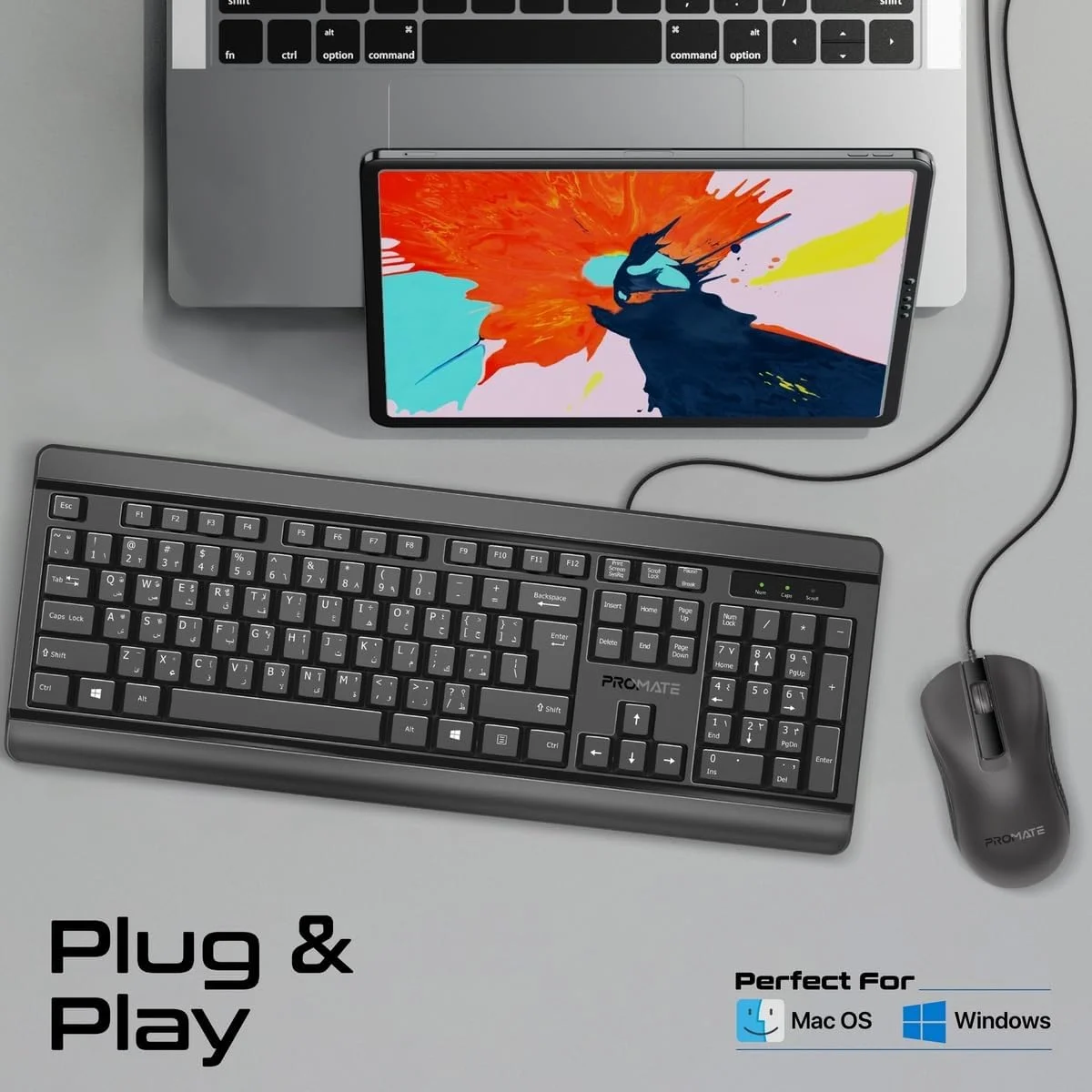 ست کیبورد و ماوس سیم دار پرومیت مدل COMBO-CM6.E/A، کیبورد ارگونومیک باریک و بی صدا با اندازه کامل، ماوس دو طرفه 2400 DPI، مقاوم در برابر ریختن مایعات، کلیدهای رسانه ای، اتصال آسان برای iMac، MacBook Pro، Dell
