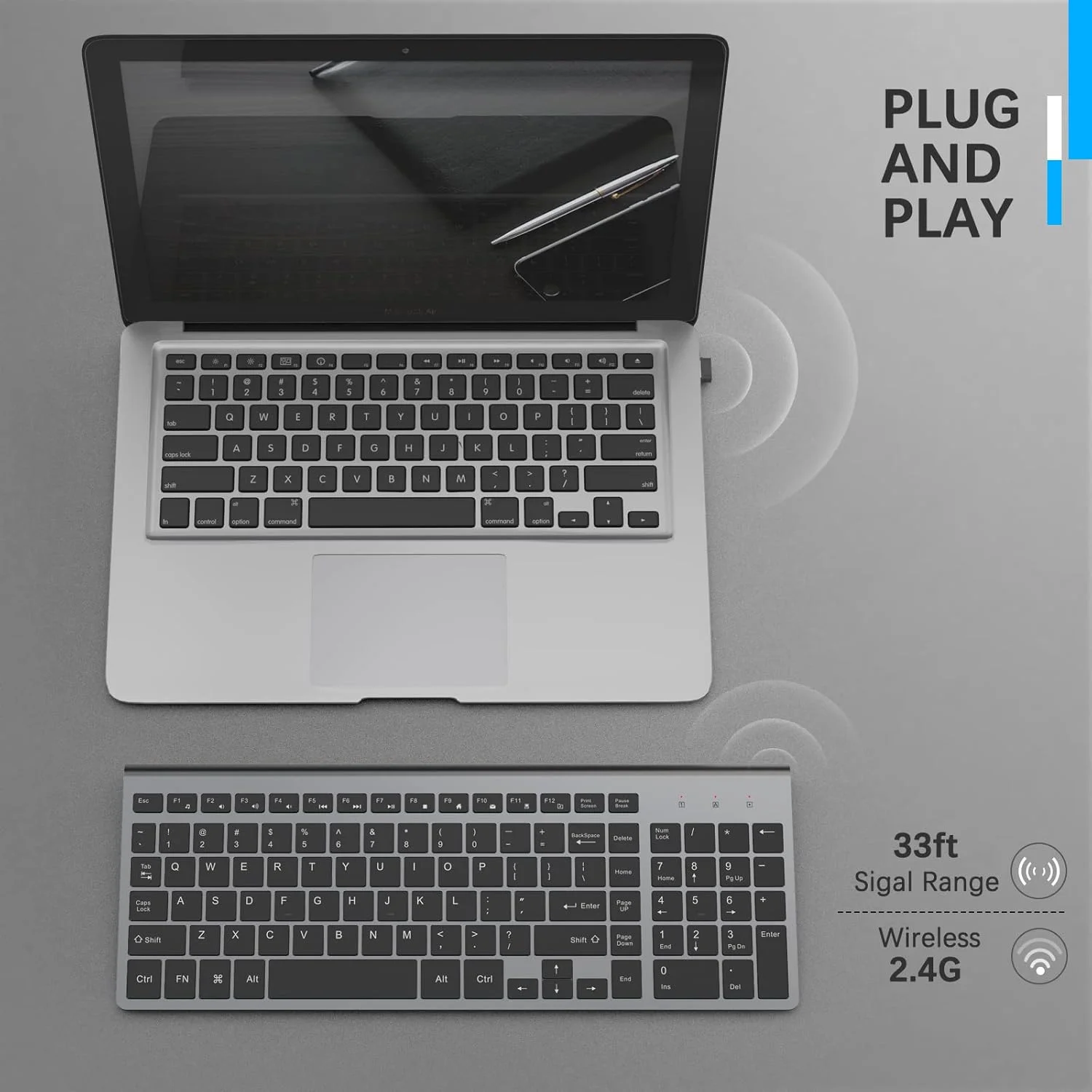 کیبورد بی سیم JOYACCESS J 2.4G باریک و جمع و جور با صفحه کلید عددی برای لپ تاپ، مک ایر، اپل، کامپیوتر، PC