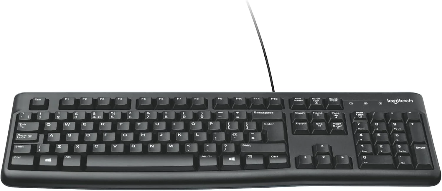 کیبورد سیم دار لاجیتک K120 برای ویندوز، اتصال USB و استفاده آسان، اندازه کامل، مقاوم در برابر ریختن مایعات، کلید فاصله منحنی برای کامپیوتر/لپ تاپ، طرح بندی انگلیسی، مشکی