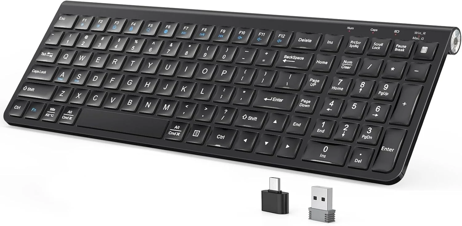 کیبورد بی‌سیم JOYACCESS، کیبورد بی‌سیم 2.4G ارگونومیک و باریک با USB و Type C، طراحی تمام اندازه و قابل حمل برای کامپیوتر/لپ‌تاپ/ویندوز/مک - مشکی