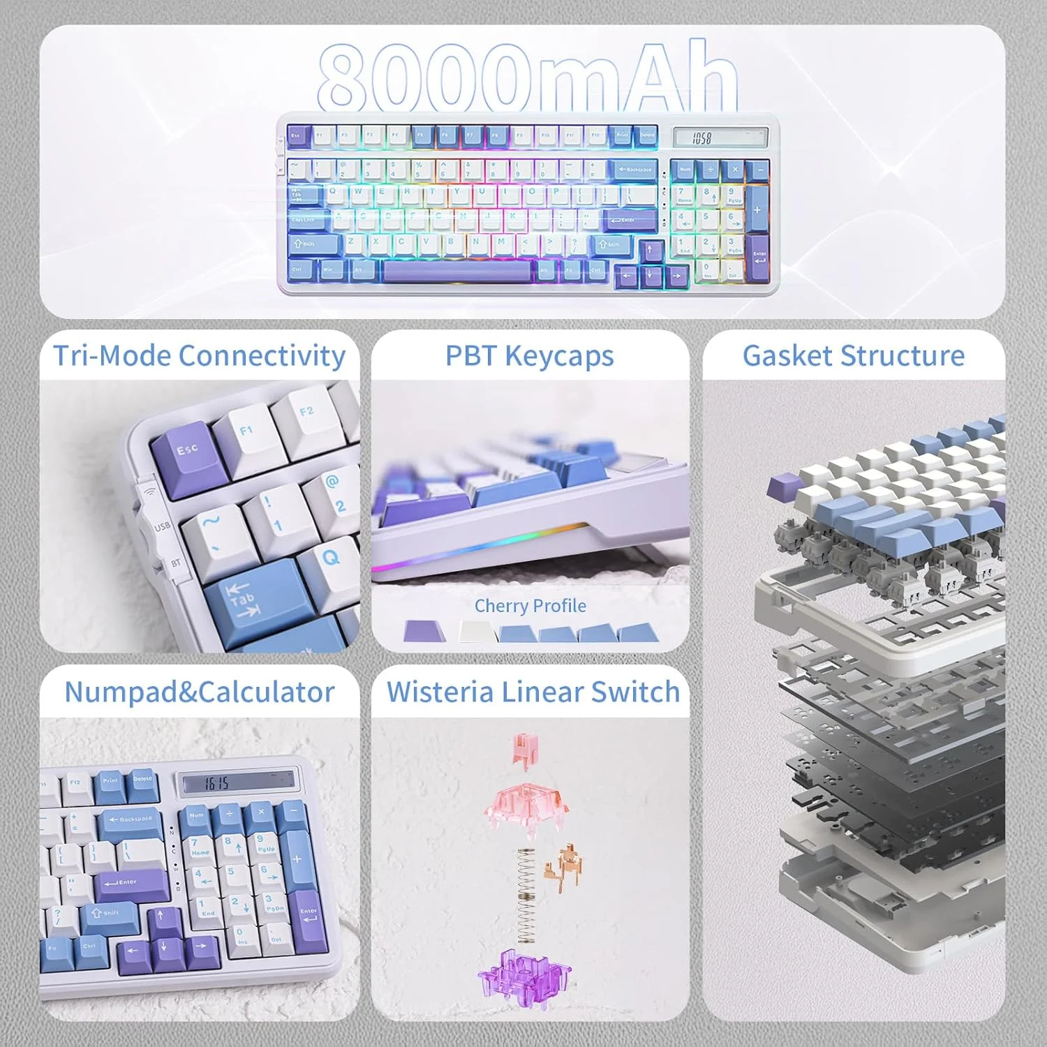 کیبورد گیمینگ بیسیم EPOMAKER Cypher 96 با باتری 8000mAh، کیبورد قابل تعویض Creamy با Numpad و ماشین حساب، نور پس زمینه RGB، NKRO برای بازی/اداری (سوییچ Flamingo) کیبورد گیمینگ بیسیم EPOMAKER Cypher 96 با باتری 8000mAh، کیبورد قابل تعویض Creamy با Numpad و ماشین حساب، نور پس زمینه RGB، NKRO برای بازی/اداری (سوییچ Flamingo)