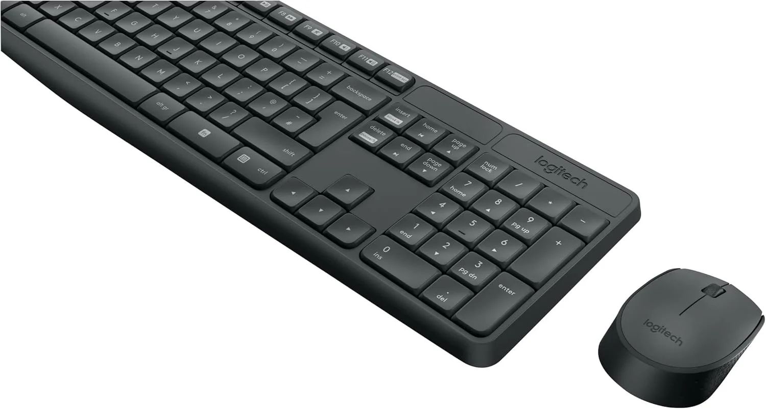 ست کیبورد و ماوس بی سیم لاجیتک مدل Mk235 مناسب ویندوز، اتصال بی سیم 2.4 گیگاهرتز با گیرنده USB یکپارچه، ماوس بی سیم، 15 کلید Fn، عمر باتری 3 ساله، مناسب کامپیوتر/لپ تاپ، طرح بندی US Intl - خاکستری