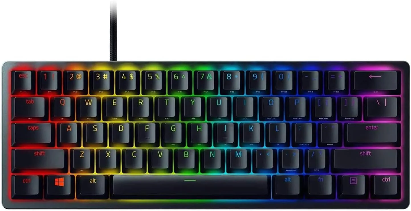 کیبورد گیمینگ 60% Razer Huntsman Mini با سوئیچ‌های اپتیکال خطی (قرمز): نورپردازی Chroma RGB، کلیدهای PBT، حافظه داخلی - مشکی