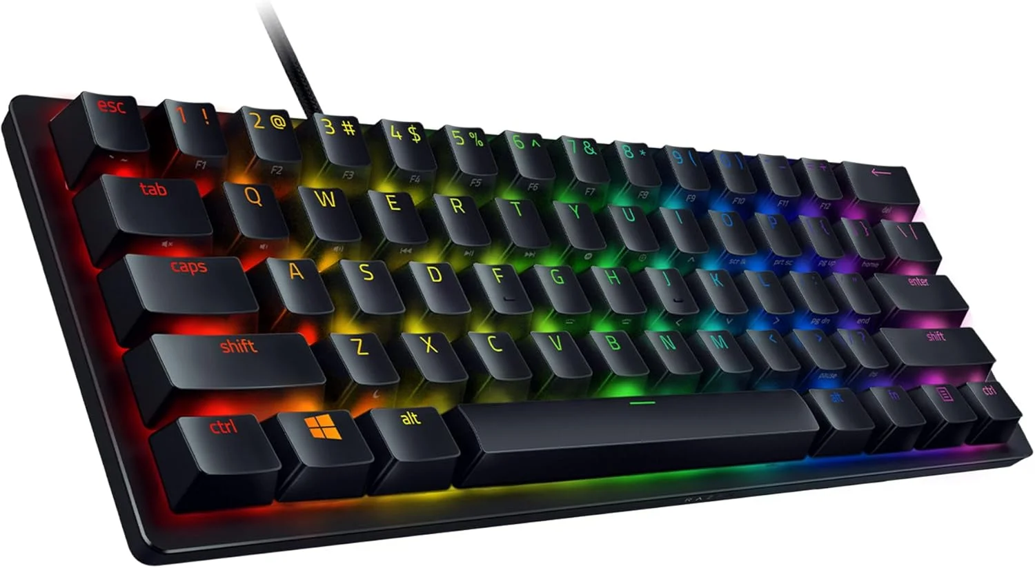 کیبورد گیمینگ 60% Razer Huntsman Mini با سوئیچ‌های اپتیکال خطی (قرمز): نورپردازی Chroma RGB، کلیدهای PBT، حافظه داخلی - مشکی