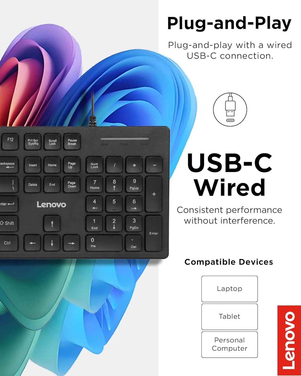 کیبورد سیم دار لنوو 305 با USB-C، دارای صفحه کلید عددی، اندازه کامل، طراحی باریک، مشکی کیبورد سیم دار لنوو 305 با USB-C، دارای صفحه کلید عددی، اندازه کامل، طراحی باریک، مشکی