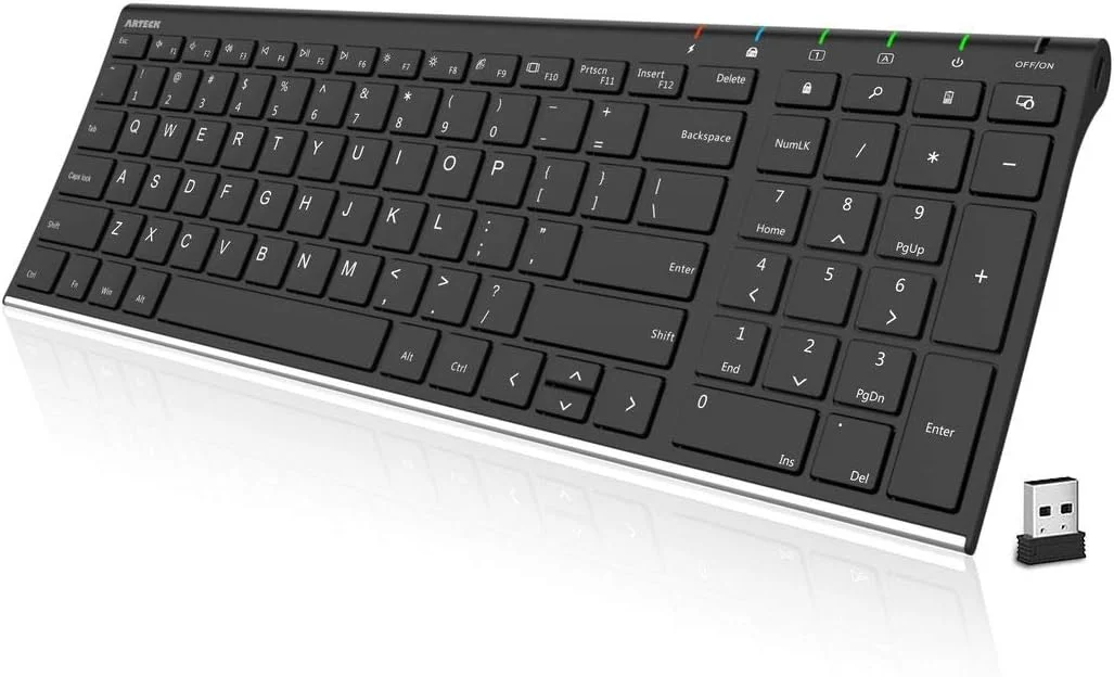 کیبورد بی سیم USB قابل حمل و بی صدا Arteck، کیبورد فوق العاده باریک استیل ضد زنگ با صفحه کلید عددی برای کامپیوتر/PC/لپ تاپ و ویندوز 11/10/8، باتری قابل شارژ