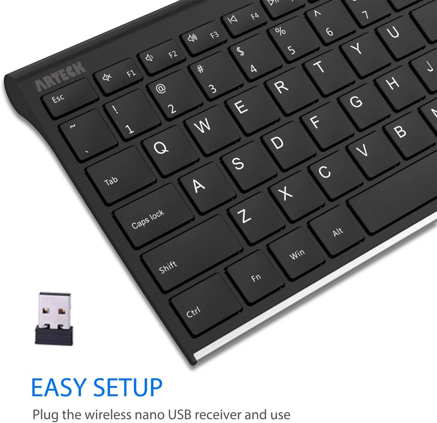 کیبورد بی سیم USB قابل حمل و بی صدا Arteck، کیبورد فوق العاده باریک استیل ضد زنگ با صفحه کلید عددی برای کامپیوتر/PC/لپ تاپ و ویندوز 11/10/8، باتری قابل شارژ