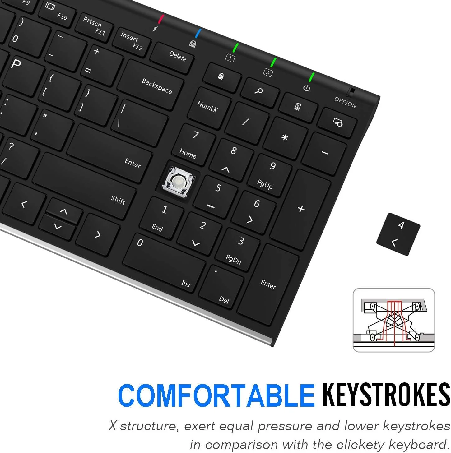 کیبورد بی سیم USB قابل حمل و بی صدا Arteck، کیبورد فوق العاده باریک استیل ضد زنگ با صفحه کلید عددی برای کامپیوتر/PC/لپ تاپ و ویندوز 11/10/8، باتری قابل شارژ