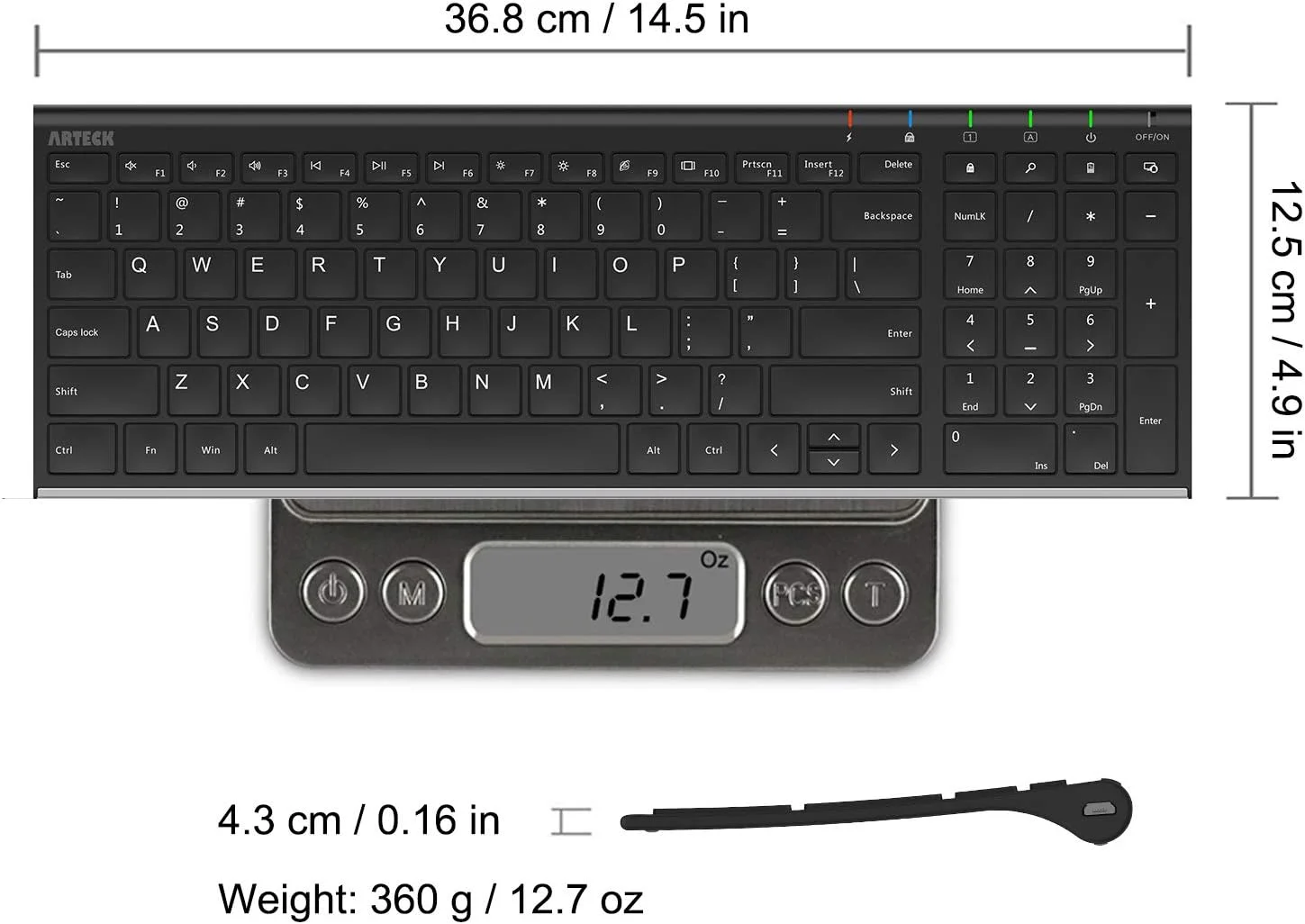 کیبورد بی سیم USB قابل حمل و بی صدا Arteck، کیبورد فوق العاده باریک استیل ضد زنگ با صفحه کلید عددی برای کامپیوتر/PC/لپ تاپ و ویندوز 11/10/8، باتری قابل شارژ