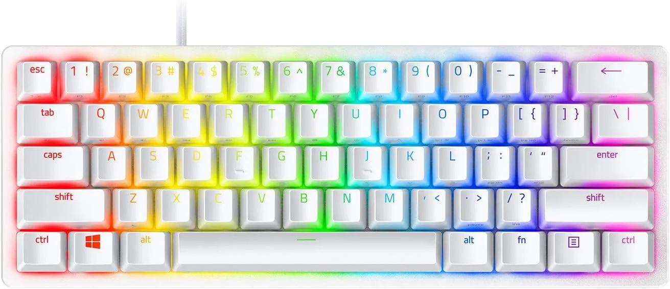کیبورد گیمینگ 60% Razer Huntsman Mini: سوییچ های اپتیکال خطی - حالت Rapid Trigger - نورپردازی Chroma RGB - کلیدهای PBT - حافظه داخلی - Snap Tap - سفید