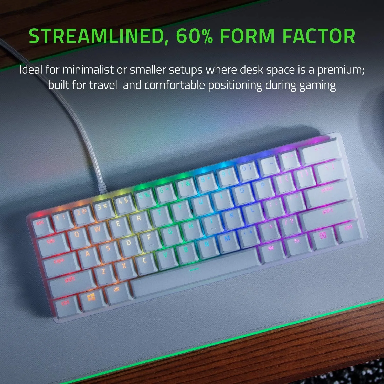 کیبورد گیمینگ 60% Razer Huntsman Mini: سوییچ های اپتیکال خطی - حالت Rapid Trigger - نورپردازی Chroma RGB - کلیدهای PBT - حافظه داخلی - Snap Tap - سفید