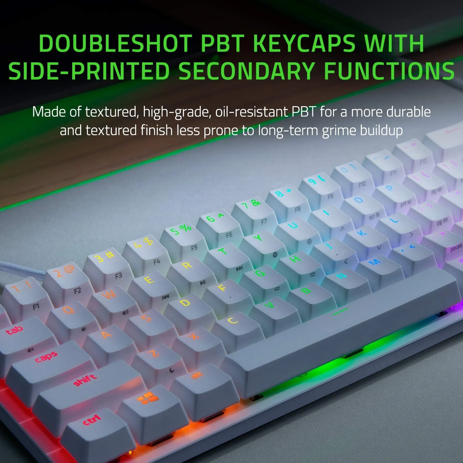 کیبورد گیمینگ 60% Razer Huntsman Mini: سوییچ های اپتیکال خطی - حالت Rapid Trigger - نورپردازی Chroma RGB - کلیدهای PBT - حافظه داخلی - Snap Tap - سفید