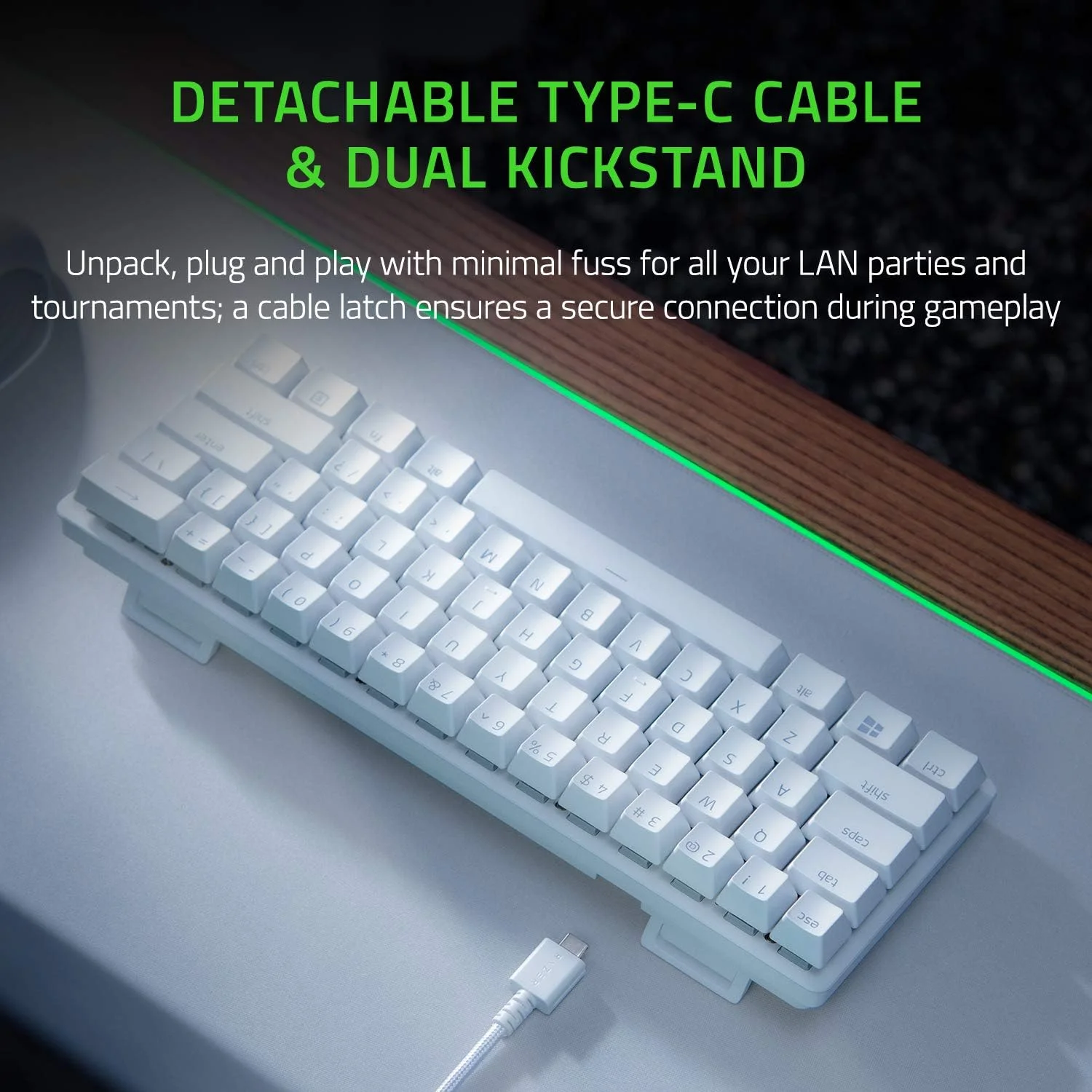 کیبورد گیمینگ 60% Razer Huntsman Mini: سوییچ های اپتیکال خطی - حالت Rapid Trigger - نورپردازی Chroma RGB - کلیدهای PBT - حافظه داخلی - Snap Tap - سفید