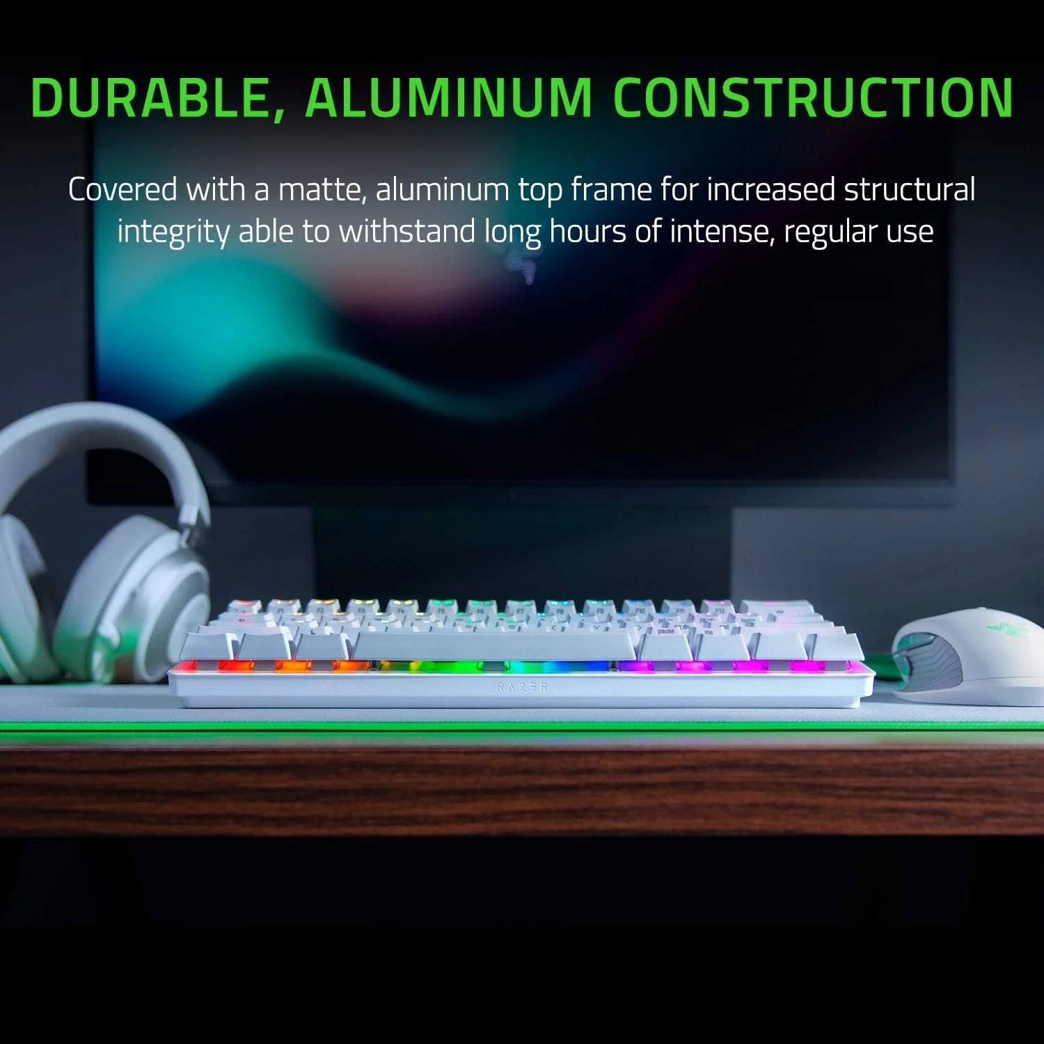 کیبورد گیمینگ 60% Razer Huntsman Mini: سوییچ های اپتیکال خطی - حالت Rapid Trigger - نورپردازی Chroma RGB - کلیدهای PBT - حافظه داخلی - Snap Tap - سفید