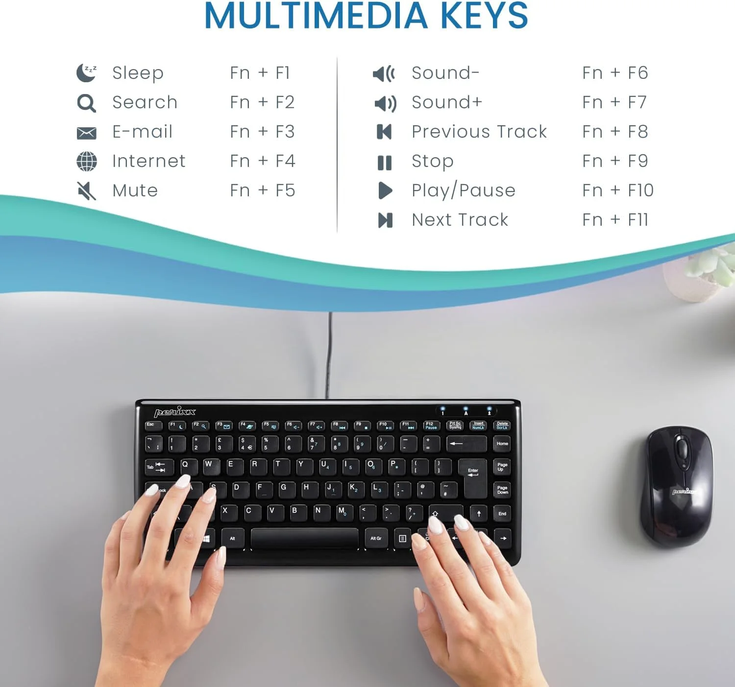 کیبورد USB جمع و جور Perixx PERIBOARD-407، دارای 11 کلید چندرسانه‌ای، نصب آسان، مشکی پیانویی، طرح‌بندی UK