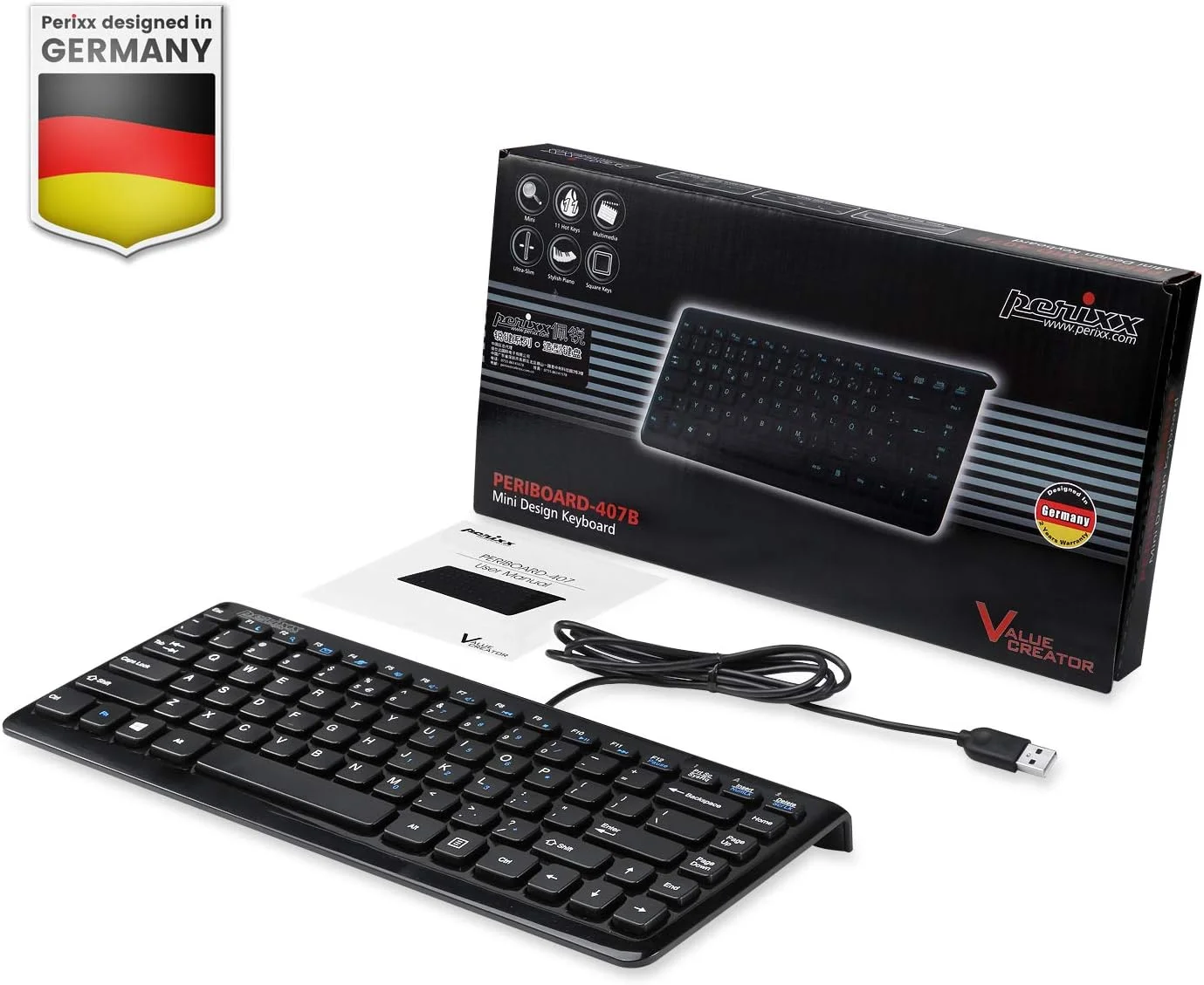 کیبورد USB جمع و جور Perixx PERIBOARD-407، دارای 11 کلید چندرسانه‌ای، نصب آسان، مشکی پیانویی، طرح‌بندی UK