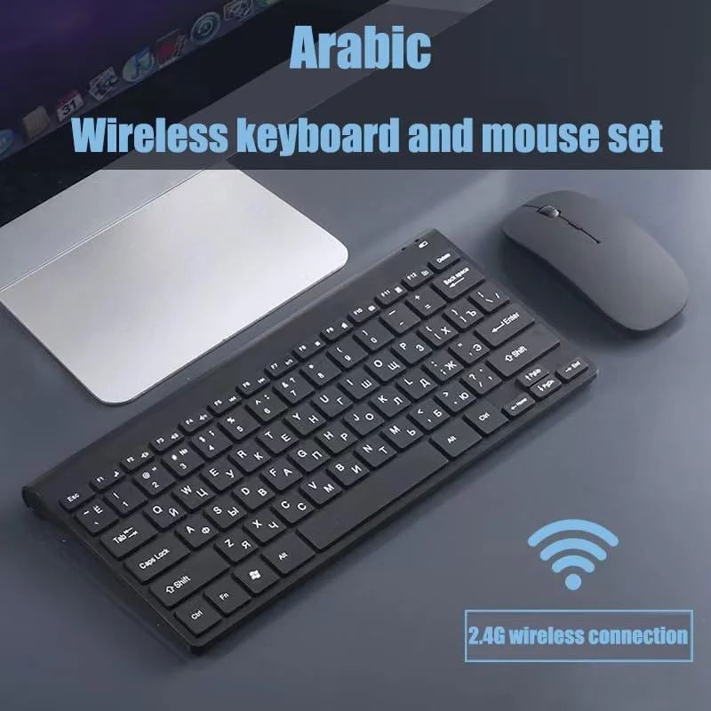 ست کیبورد و ماوس بی‌سیم 78 کلیدی عربی/انگلیسی، کیبورد و ماوس فوق‌العاده نازک 2.4G بی‌سیم، ست بی‌صدا برای لپ‌تاپ، کامپیوتر شخصی، دسکتاپ