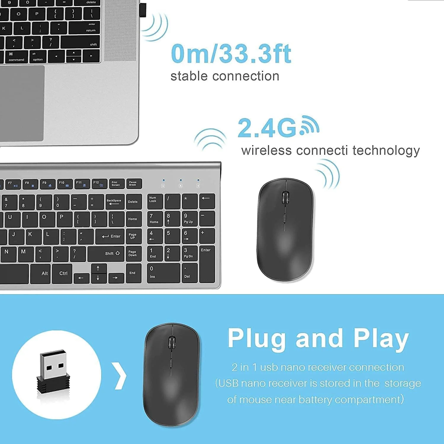 کیبورد و ماوس بی سیم J JOYACCESS 2.4G ارگونومیک و باریک، طراحی شده برای ویندوز، کامپیوتر، لپ تاپ، تبلت، مشکی خاکستری (مشکی گری)