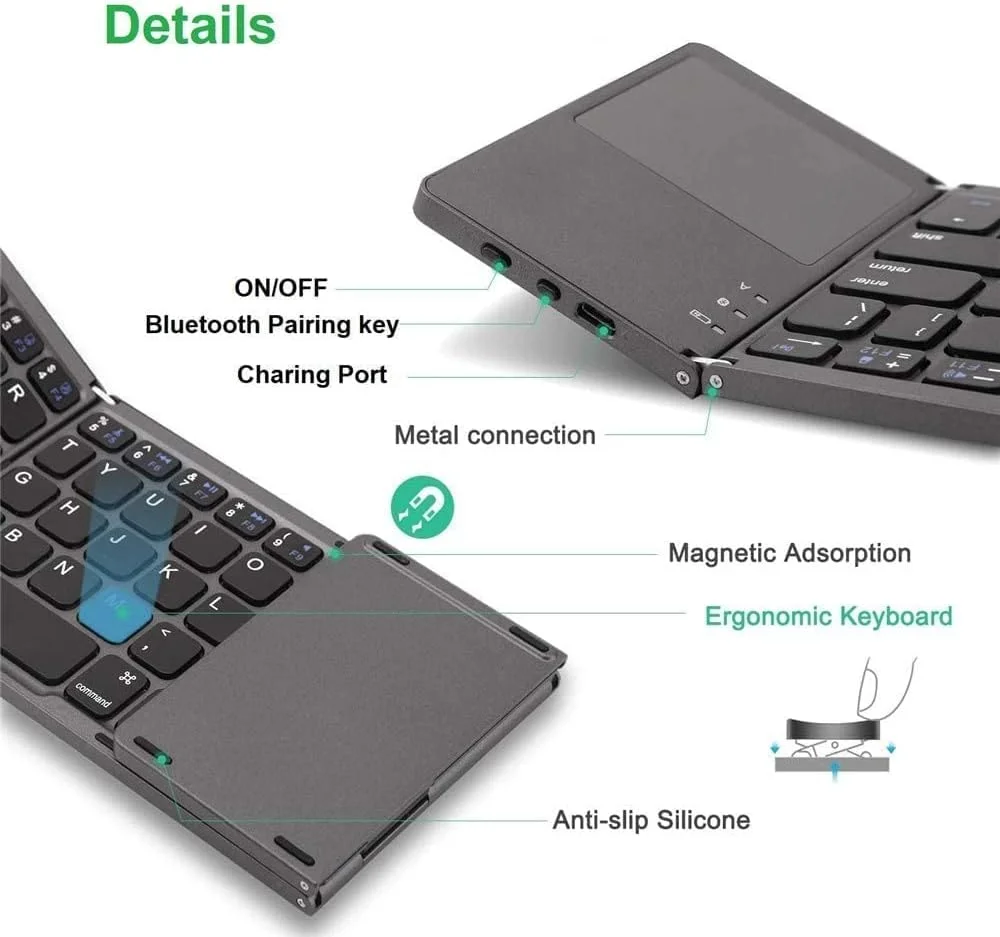 کیبورد تاشو بلوتوثی فوق باریک SKEIDO مدل Ultra Thin Mini 3.0 با تاچ پد، سازگار با تبلت، لپ تاپ و موبایل
