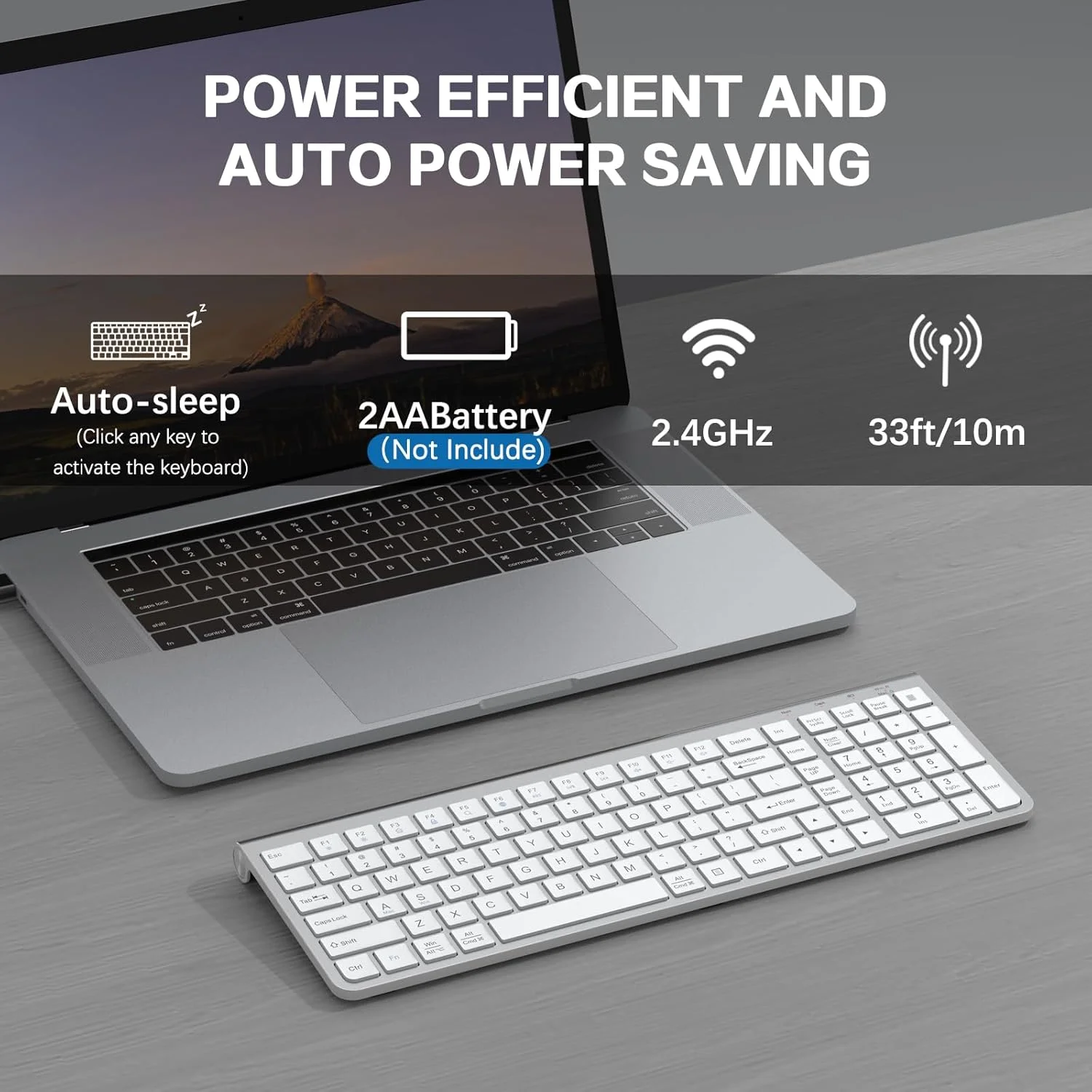 کیبورد بی‌سیم JOYACCESS، ارگونومیک، ضد گرد و غبار، کیبورد بی‌سیم باریک و جمع و جور 2.4G با کلیدهای اعداد برای ویندوز، مک، لپ‌تاپ، دسکتاپ، رایانه شخصی - نقره‌ای و سفید