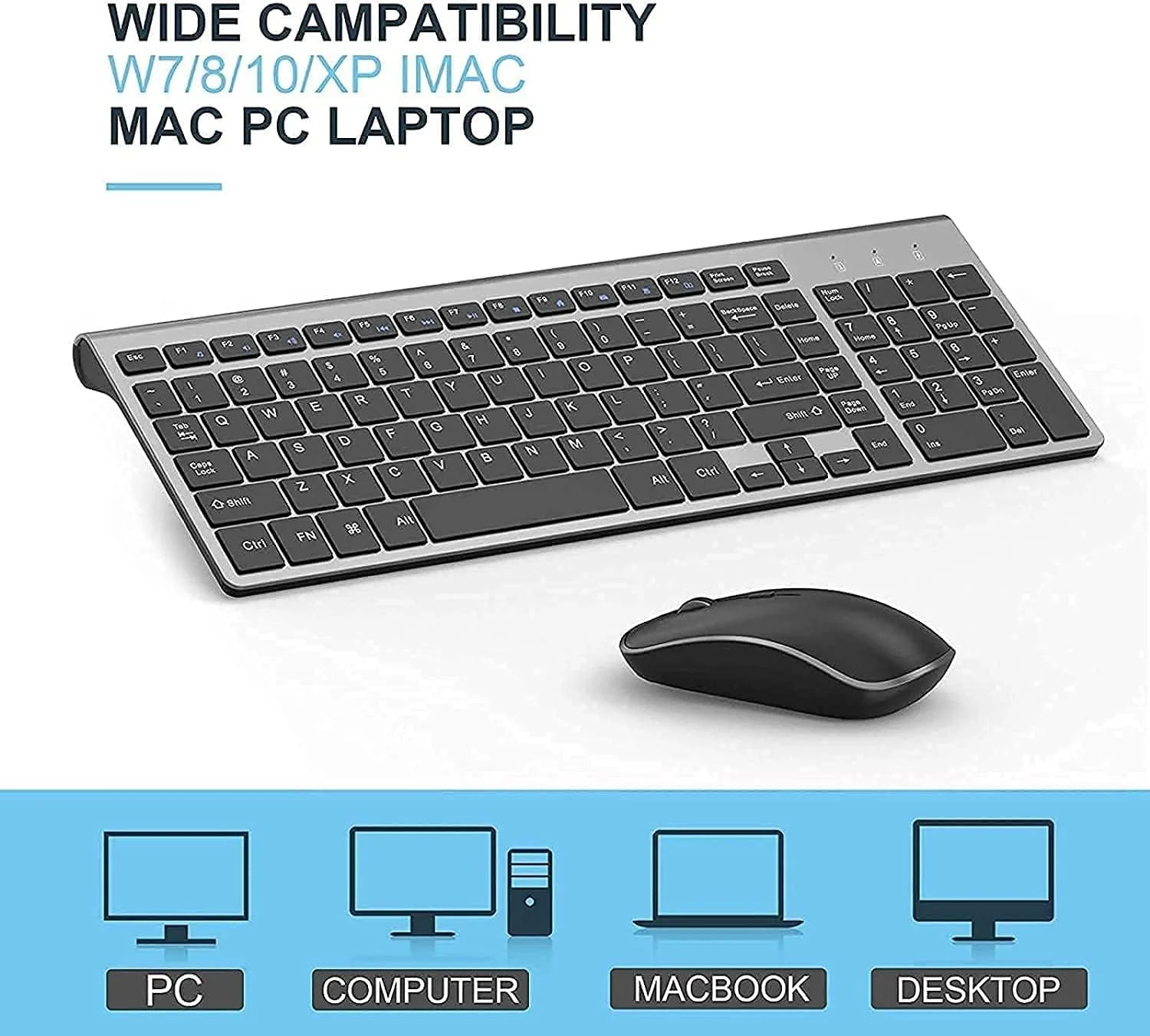 کیبورد و ماوس بی سیم J JOYACCESS 2.4G ارگونومیک و باریک، طراحی شده برای ویندوز، کامپیوتر، لپ تاپ، تبلت، مشکی خاکستری (مشکی گری)