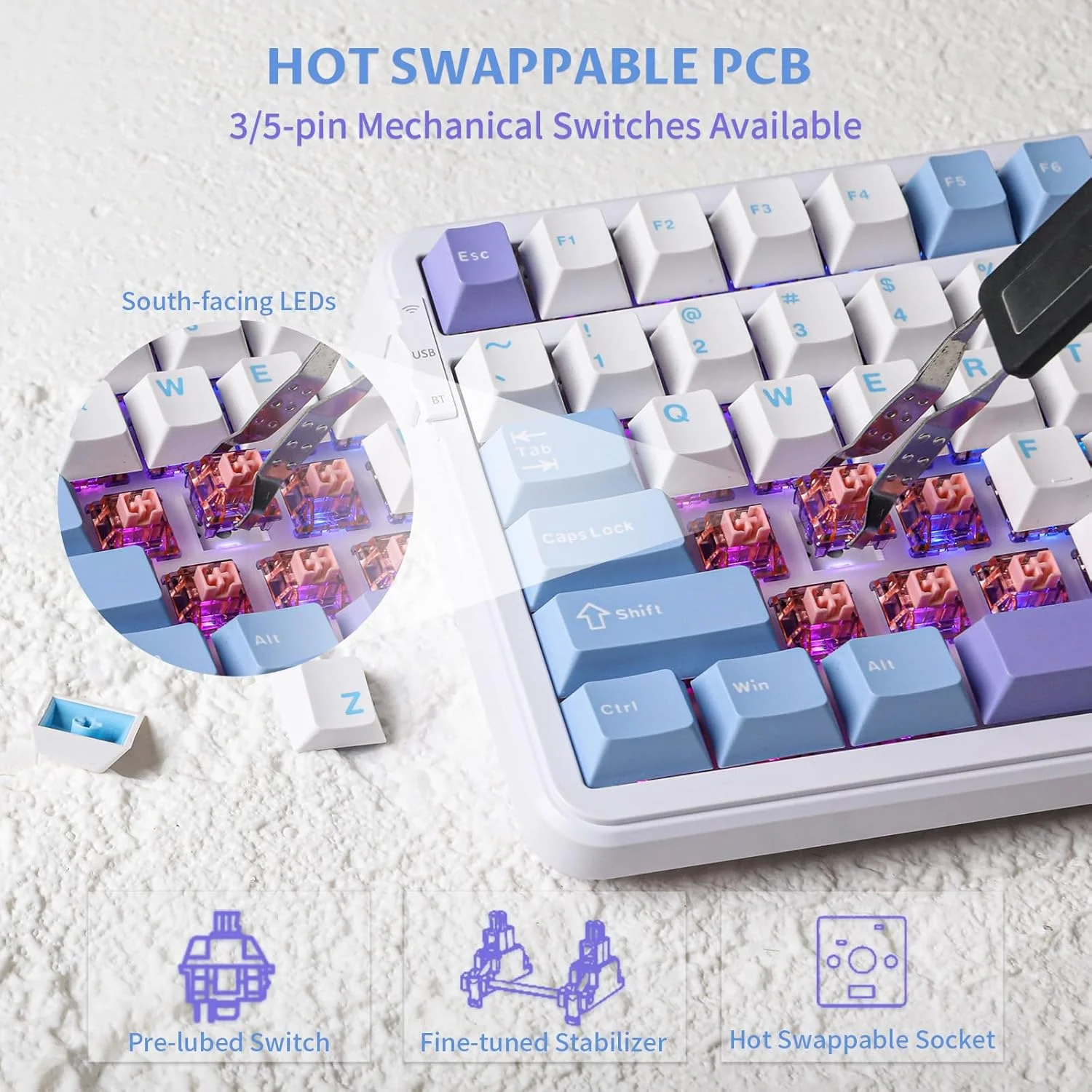 کیبورد گیمینگ بی‌سیم EPOMAKER Cypher 96 با باتری 8000 میلی‌آمپر ساعتی، کیبورد قابل تعویض Creamy با Numpad و ماشین حساب، نور پس‌زمینه RGB، NKRO برای بازی/اداری (سوییچ Flamingo)