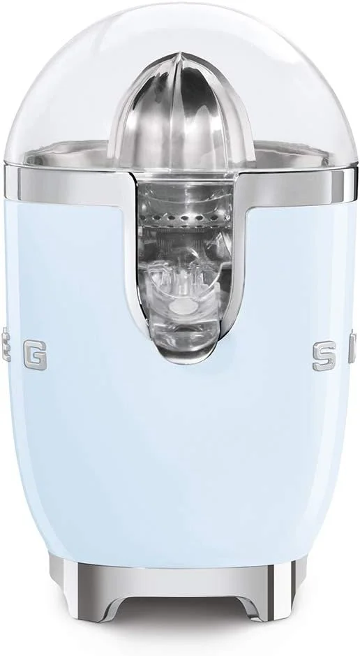 آب مرکبات گیری Smeg CJF11PBUK، طراحی استایل رترو دهه 50، دارای کاسه آبگیری و درب، خروجی ضد چکه استیل ضد زنگ، بدنه آلومینیومی دایکاست، آبی پاستلی، 1 سال گارانتی