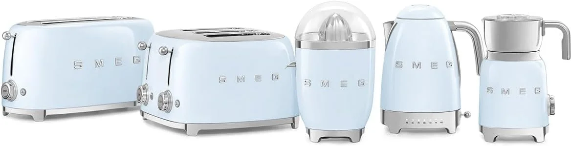 آب مرکبات گیری Smeg CJF11PBUK، طراحی استایل رترو دهه 50، دارای کاسه آبگیری و درب، خروجی ضد چکه استیل ضد زنگ، بدنه آلومینیومی دایکاست، آبی پاستلی، 1 سال گارانتی