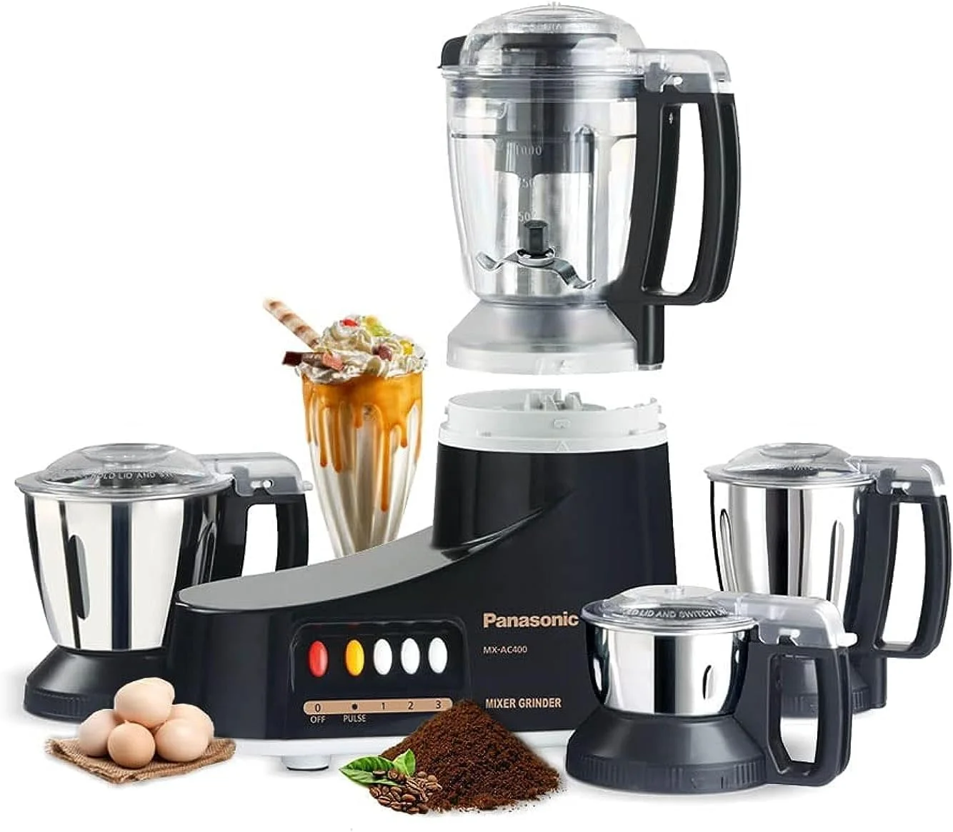 مخلوط کن آسیاب سوپر پاناسونیک، 1000 وات، Mx-Ac400، مشکی، 3 پارچ استیل ضد زنگ، 1 پارچ آبمیوه گیری