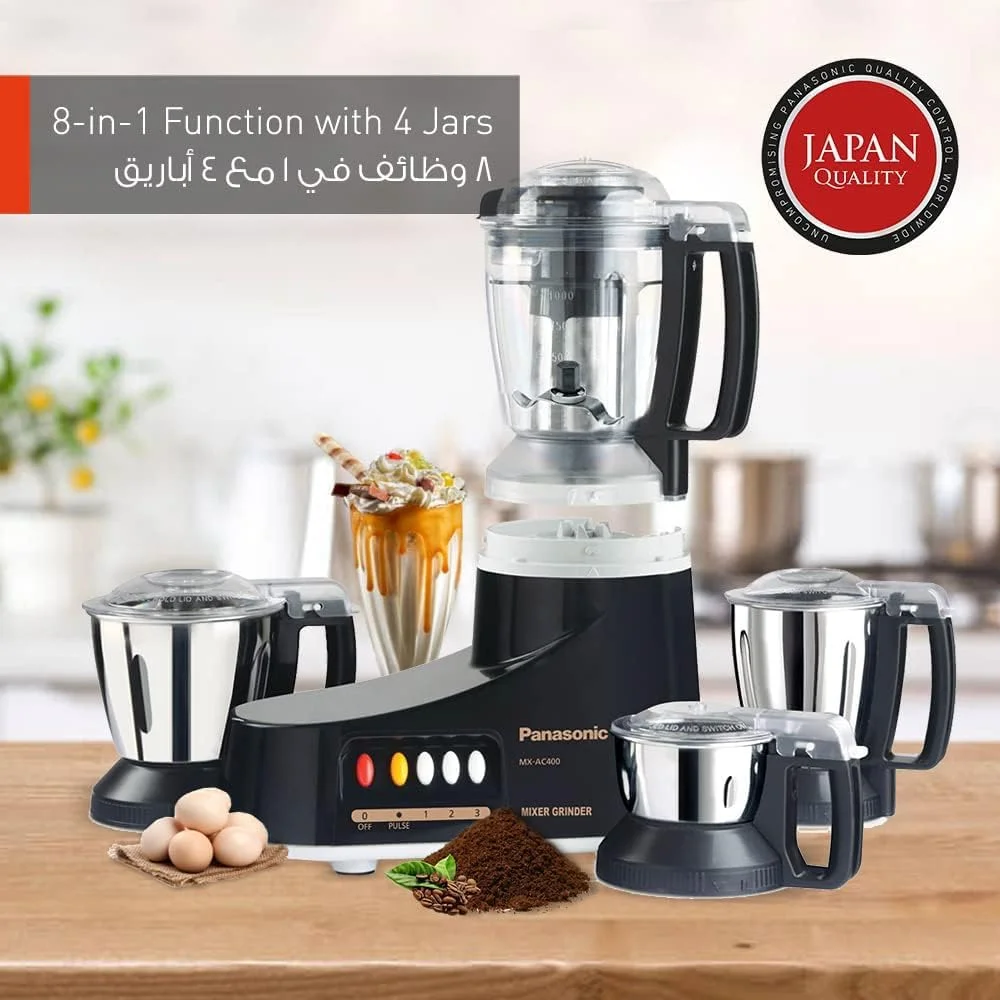 مخلوط کن آسیاب سوپر پاناسونیک، 1000 وات، Mx-Ac400، مشکی، 3 پارچ استیل ضد زنگ، 1 پارچ آبمیوه گیری