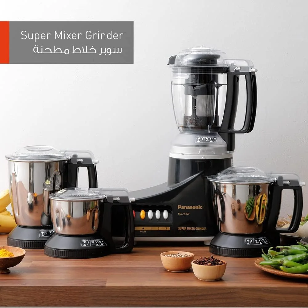 مخلوط کن آسیاب سوپر پاناسونیک، 1000 وات، Mx-Ac400، مشکی، 3 پارچ استیل ضد زنگ، 1 پارچ آبمیوه گیری