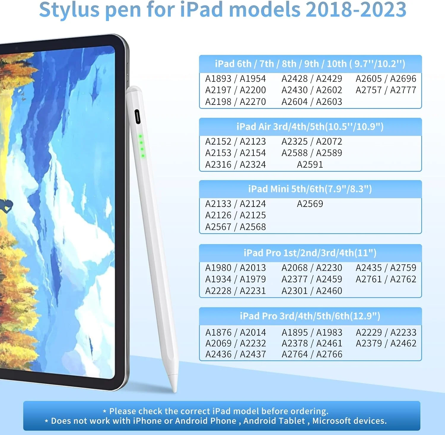قلم لمسی INFOSUN برای آیپد نسل 9 و 10 با قابلیت رد دست، قلم فعال سازگار با Apple iPad 10/9/8/7/6th Gen، iPad Air 5th/4th/3rd Gen، iPad Pro 11 & 12.9 اینچ، iPad Mini 6th/5th Gen