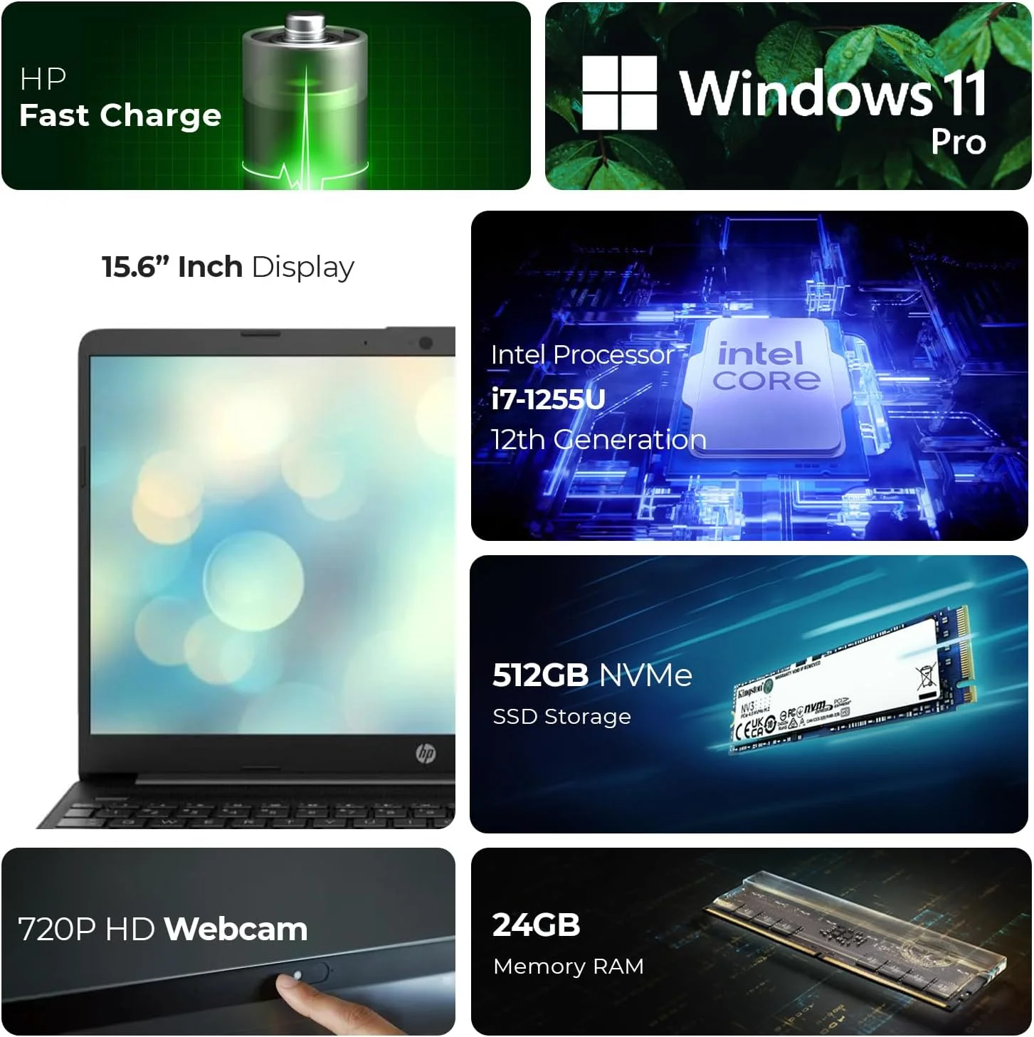 لپ تاپ 15.6 اینچی HP - نسل دوازدهم core i7-1255U، رم 24 گیگابایت، SSD 512 گیگابایت، ویندوز 11 پرو، صفحه نمایش FHD، وب کم، Wi-Fi (شامل پایه لپ تاپ موج اول + ماوس + آنتی ویروس + پد ماوس) مدل 15s-fq5035ny
