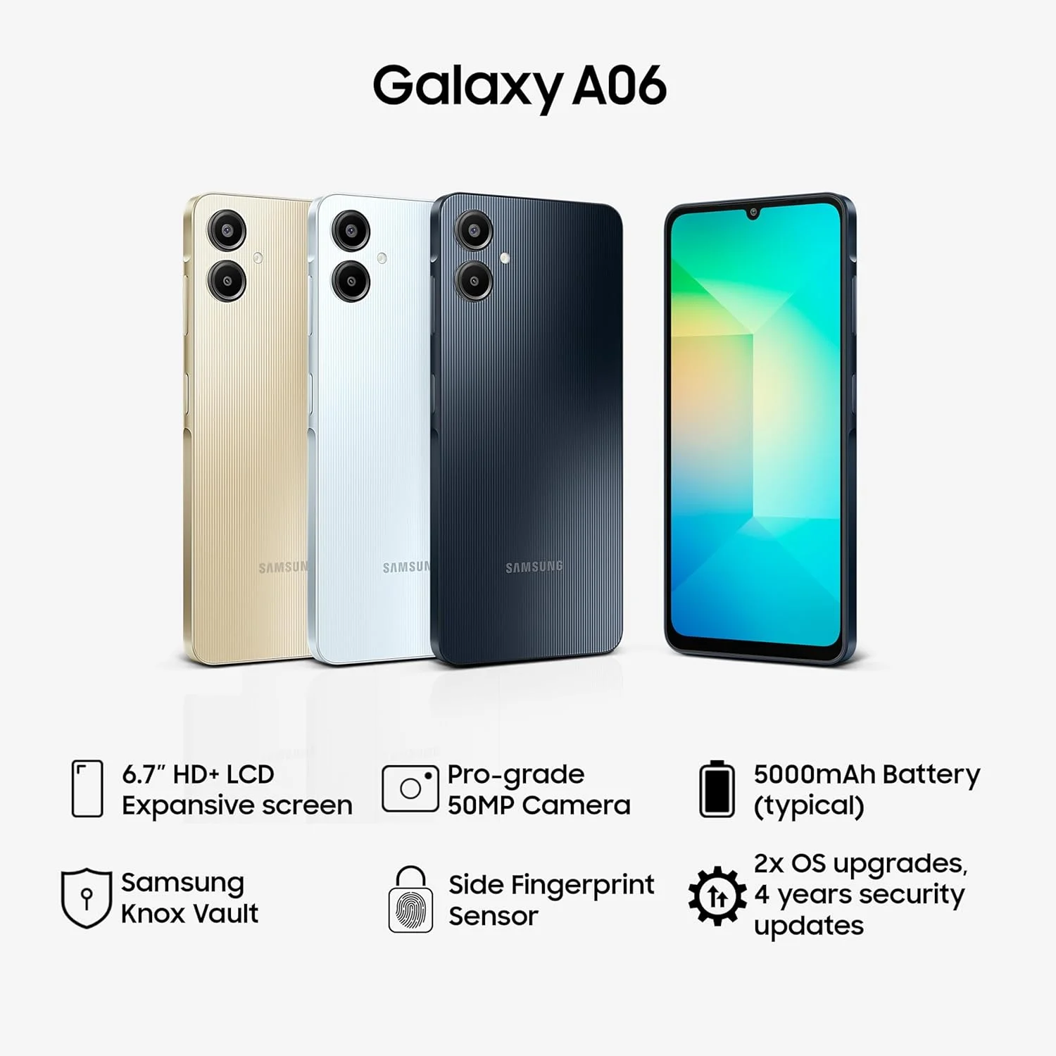 گوشی موبایل سامسونگ گلکسی A06 4G LTE (رم 4 گیگابایت، حافظه 64 گیگابایت) – دوربین دوگانه 50 مگاپیکسلی | IP54 | نسخه بین المللی | حافظه قابل ارتقا | سازگار با تمام اپراتورها