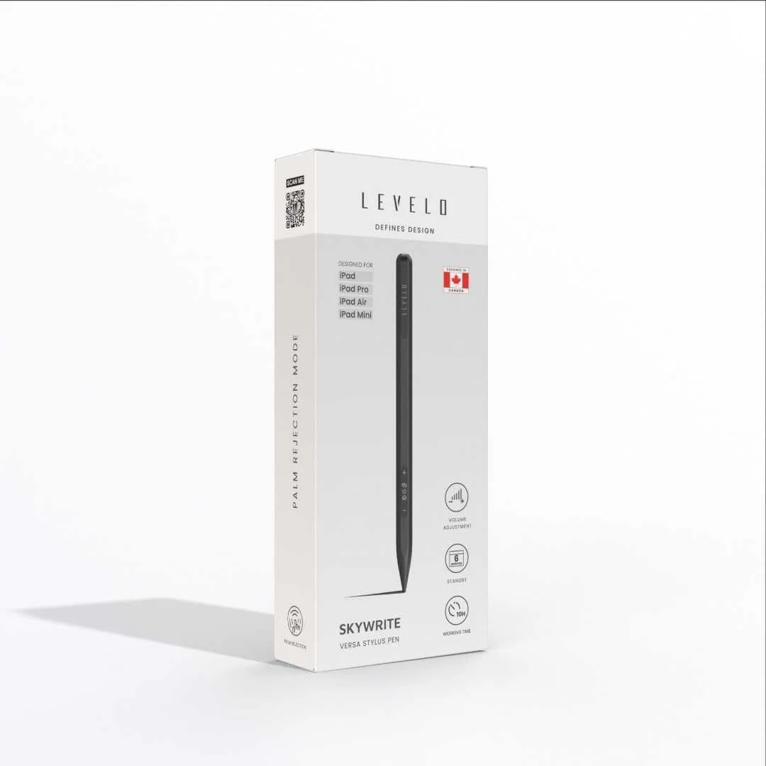 قلم استایلوس Levelo Skywrite Versa با قابلیت رد کف دست، نشانگر باتری، آلیاژ آلومینیوم، 6 ماه حالت آماده به کار، بازگشت با یک کلیک، طراحی شده برای iPad/iPad Pro/iPad Air/iPad Mini - مشکی مات