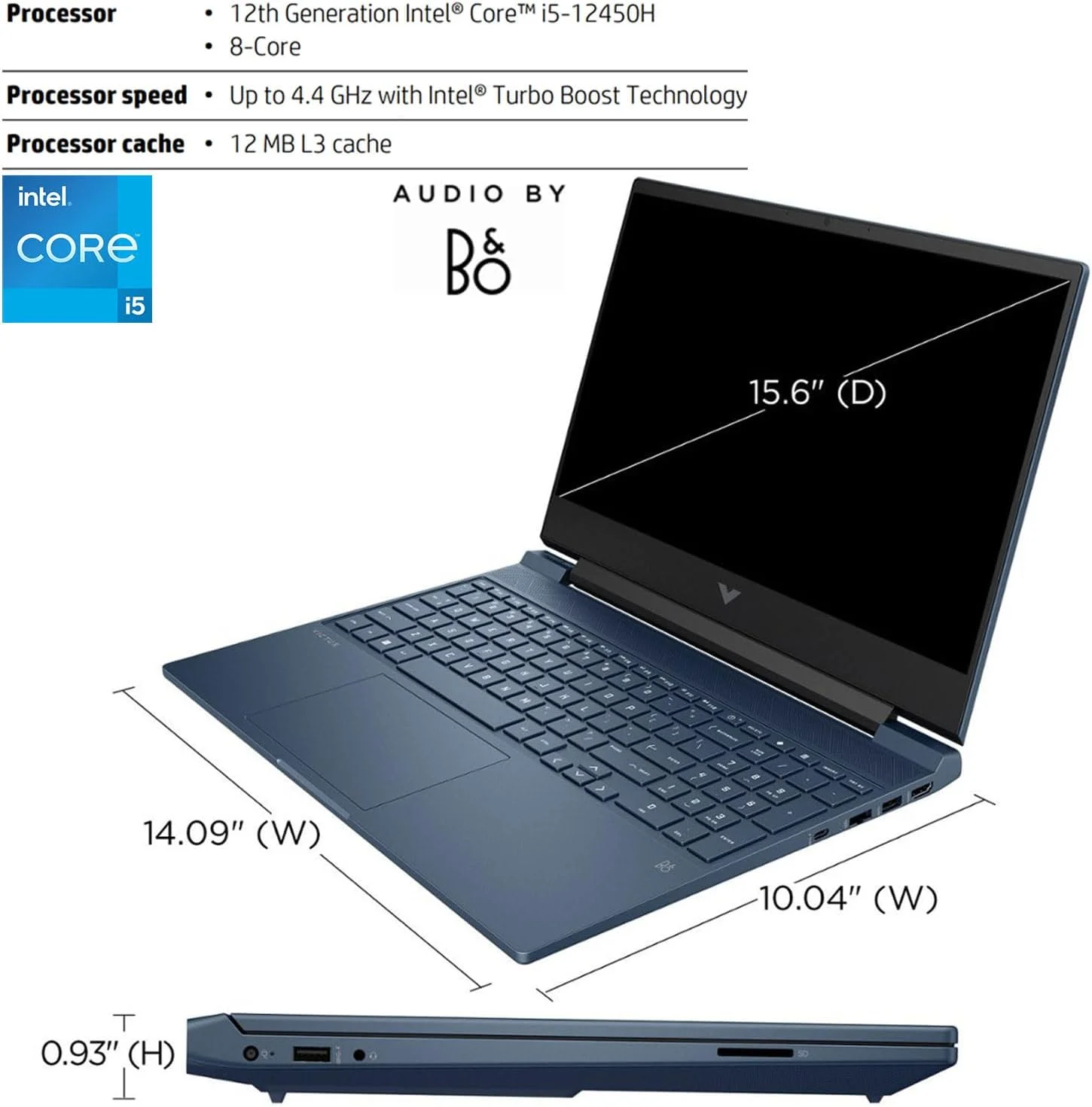 لپ تاپ گیمینگ HP Victus 15.6 اینچی i5، صفحه نمایش 15.6 اینچی FHD 1920x1080 144Hz، پردازنده Intel Core i5-12450H، کارت گرافیک NVIDIA GeForce RTX 3050، رم 32 گیگابایتی، حافظه SSD 1 ترابایتی، کیبورد با نور پس زمینه، تاچ پد، کارت خوان SD، (ارتقا یافته)