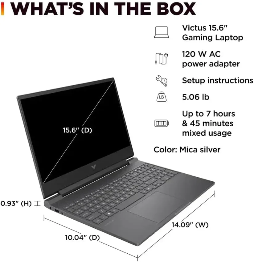لپ تاپ گیمینگ HP Victus 15.6 اینچی با صفحه نمایش Full HD 144 هرتز - AMD Ryzen 7 7445HS - NVIDIA GeForce RTX 4050 - ویندوز 11 - Copilot - همراه با پد موس (64 گیگابایت رم | 1 ترابایت PCIe SSD + پد موس) لپ تاپ گیمینگ HP Victus 15.6 اینچی با صفحه نمایش Full HD 144 هرتز - AMD Ryzen 7 7445HS - NVIDIA GeForce RTX 4050 - ویندوز 11 - Copilot - همراه با پد موس (64 گیگابایت رم | 1 ترابایت PCIe SSD + پد موس)