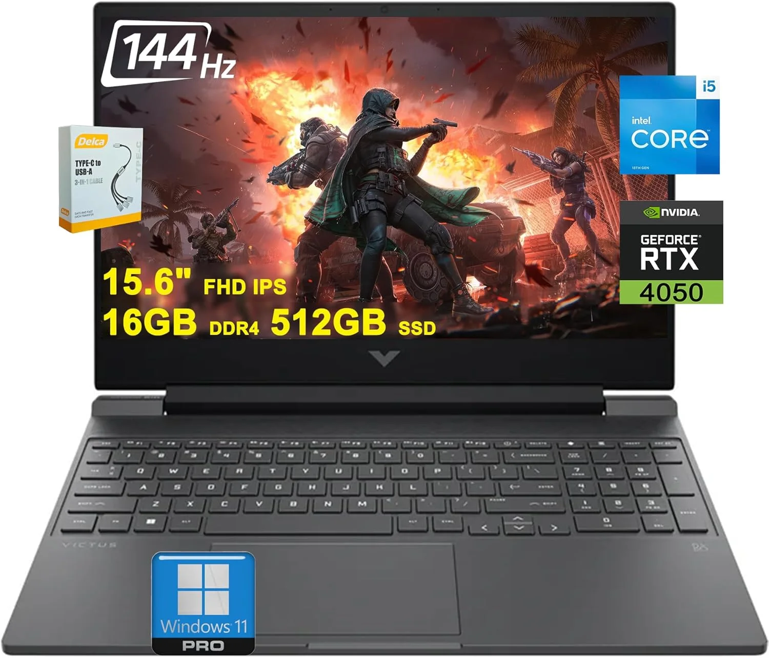 لپ تاپ گیمینگ HP Victus | صفحه نمایش 15.6 اینچی FHD IPS 144Hz | پردازنده Intel 8 هسته ای i5-13420H (بهتر از i7-12650H) | رم 16 گیگابایتی DDR4 حافظه 512 گیگابایتی SSD | کارت گرافیک GeForce RTX 4050 6GB | نور پس زمینه USB-C B&O شارژ سریع Win11Pro به همراه لوازم جانبی DLCA