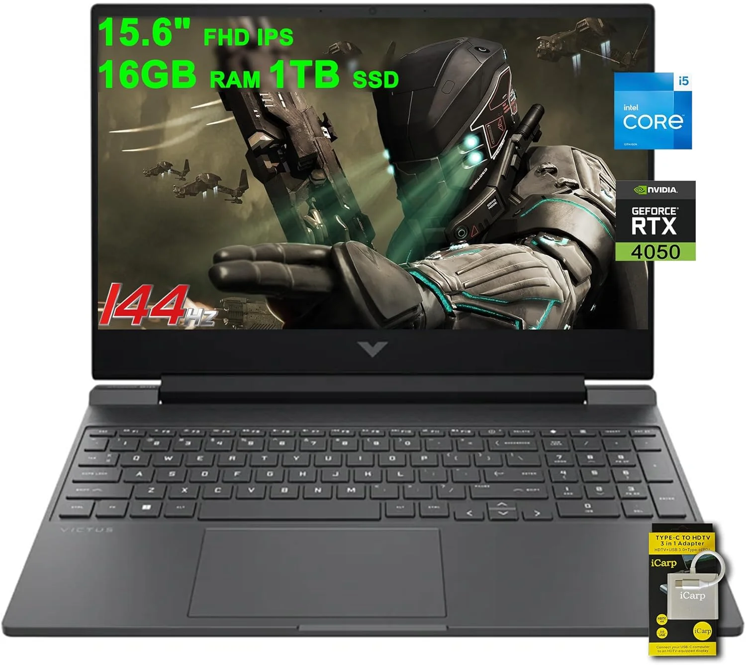 لپ تاپ گیمینگ HP Victus 15.6 اینچ FHD IPS 144Hz اینتل 8 هسته ای i5-13420H (>i7-12650H) رم 16 گیگابایت SSD 1 ترابایت GeForce RTX 4050 6GB نور پس زمینه USB-C B&O شارژ سریع Win11 به همراه لوازم جانبی ICP