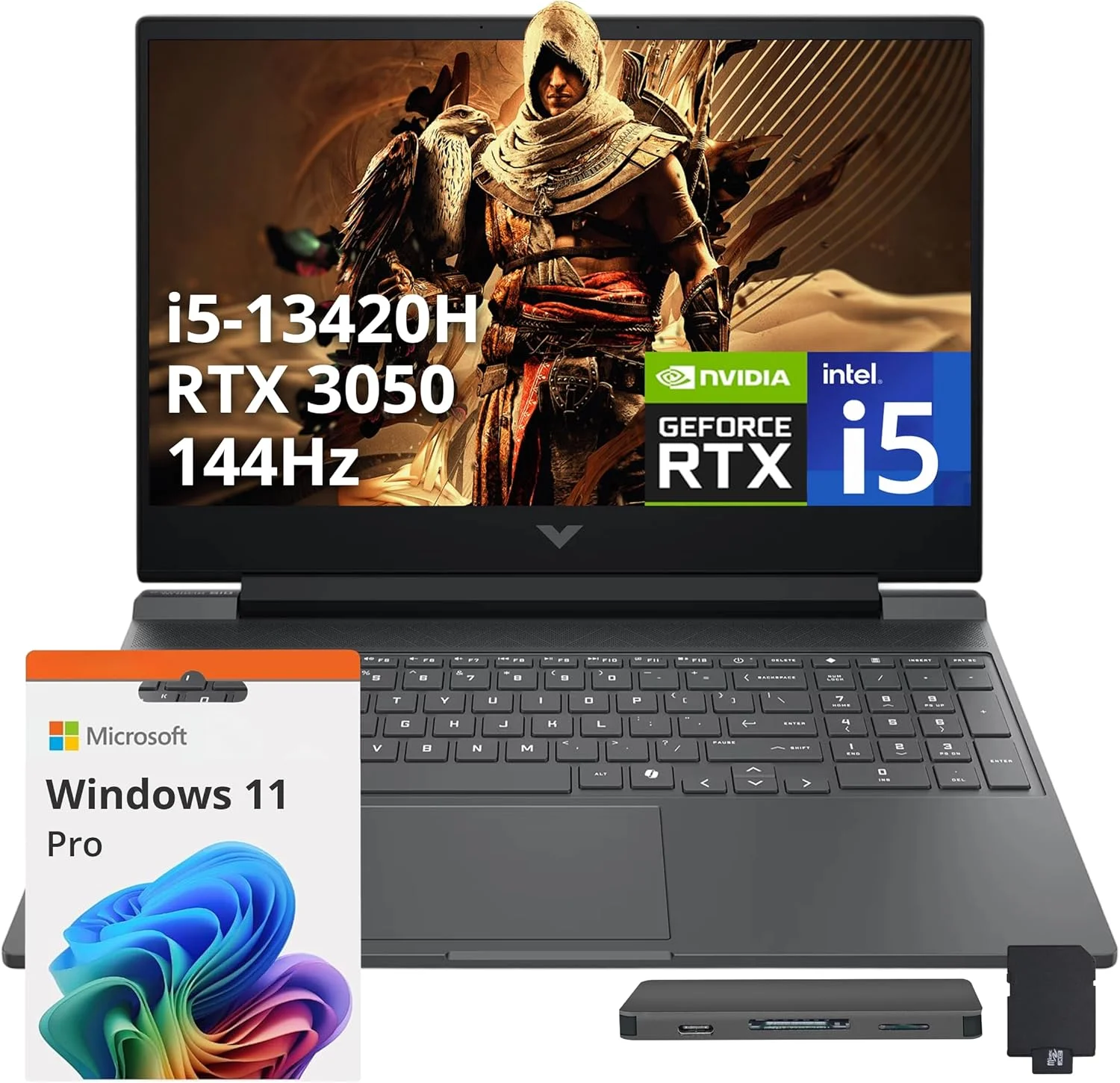 لپ تاپ گیمینگ HP Victus، صفحه نمایش 15.6 اینچی FHD IPS 144 هرتز، پردازنده Intel i5-13420H، رم 16 گیگابایتی، SSD PCIe 1 ترابایتی، کارت گرافیک NVIDIA GeForce RTX 3050، کیبورد با نور پس زمینه، دوربین، Wi-Fi 6، ویندوز 11 پرو، نقره ای، مجموعه داکینگ استیشن 1 ترابایتی